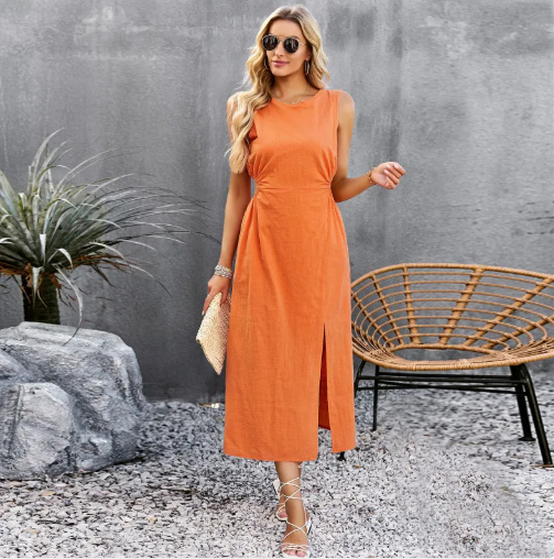 Vestido de Verano sin Mangas de Color Liso para Mujer